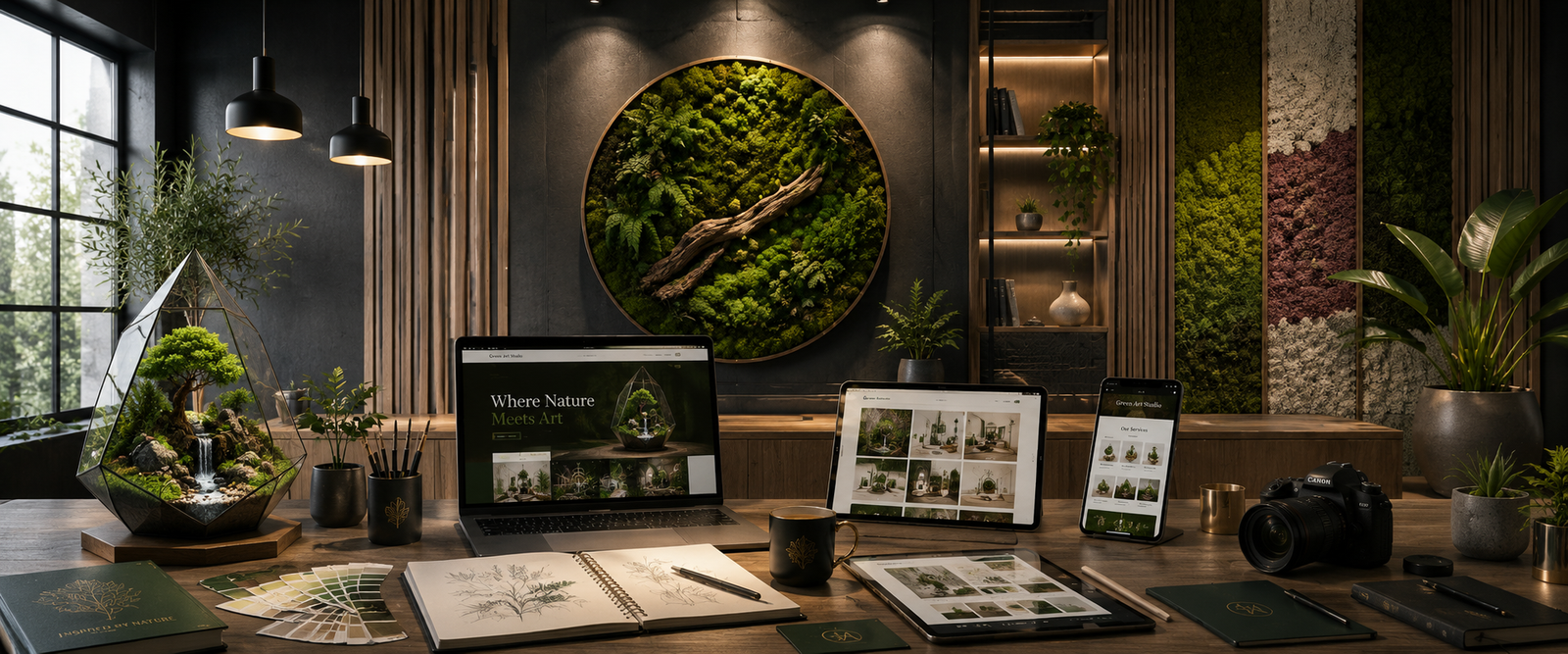 Green Art Studio creative workspace featuring terrarium, botanical wall art, sketching and digital design
